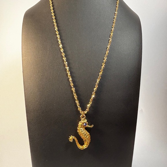 The Unbranded Brand Jewelry - Seahorse Pendant Necklace Gold Tone Blue Eye Textured Nautical Jewelry